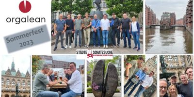 Bilder-Collage vom orgalean-Sommerfest 2023, eine GPS-Tour durch Hamburg.